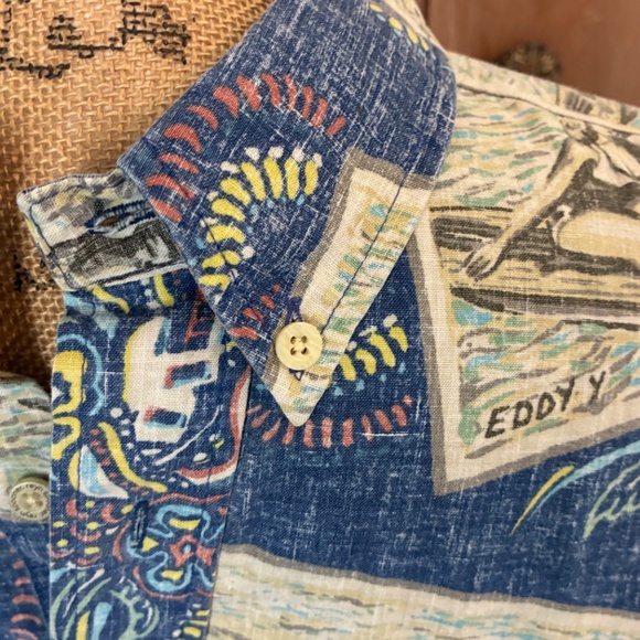 Reyn Spooner Shirt Vintage 80s Surf Hawaiian Reverse Print postcard blue popover - Picture 3 of 16
